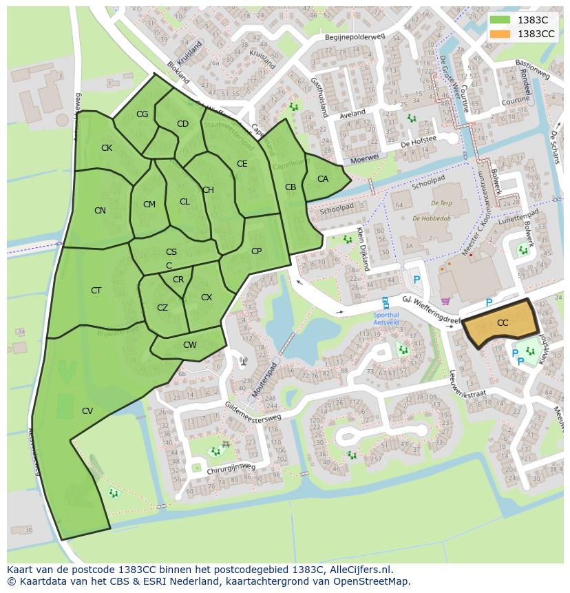 Afbeelding van het postcodegebied 1383 CC op de kaart.