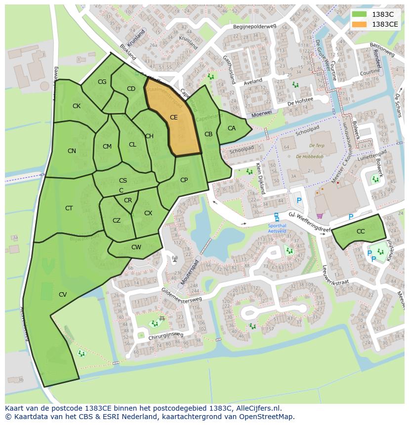 Afbeelding van het postcodegebied 1383 CE op de kaart.