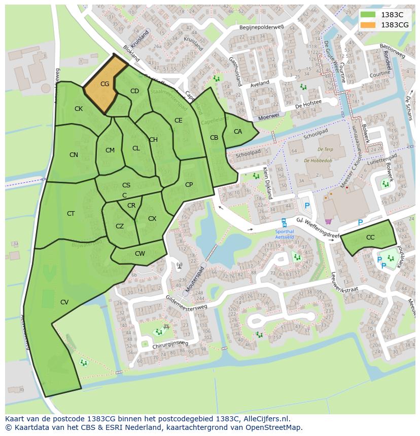 Afbeelding van het postcodegebied 1383 CG op de kaart.
