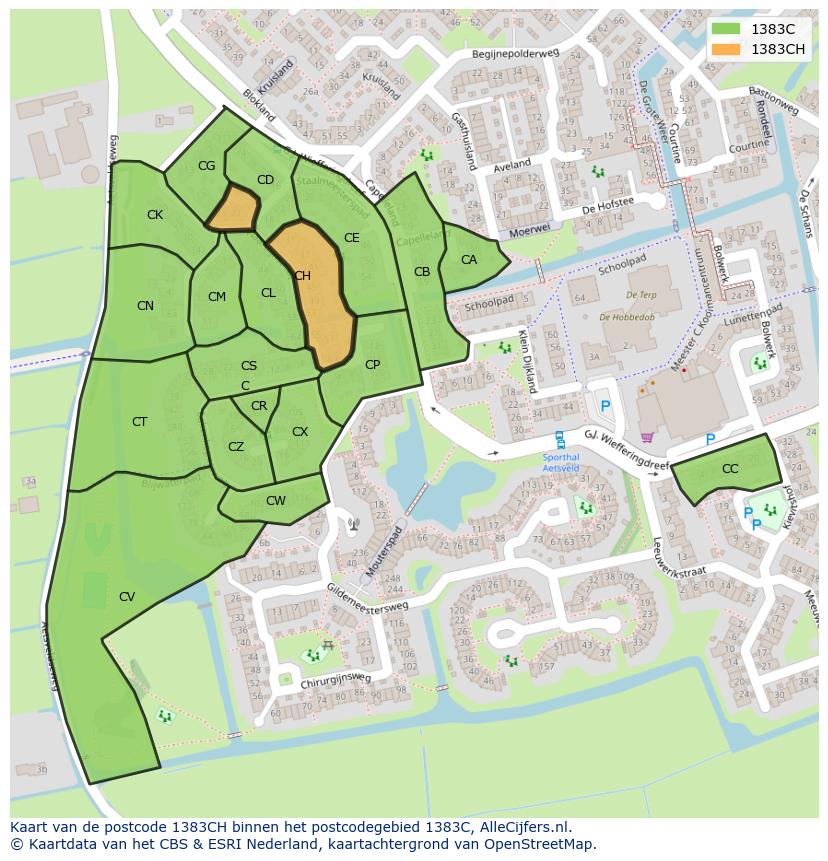 Afbeelding van het postcodegebied 1383 CH op de kaart.