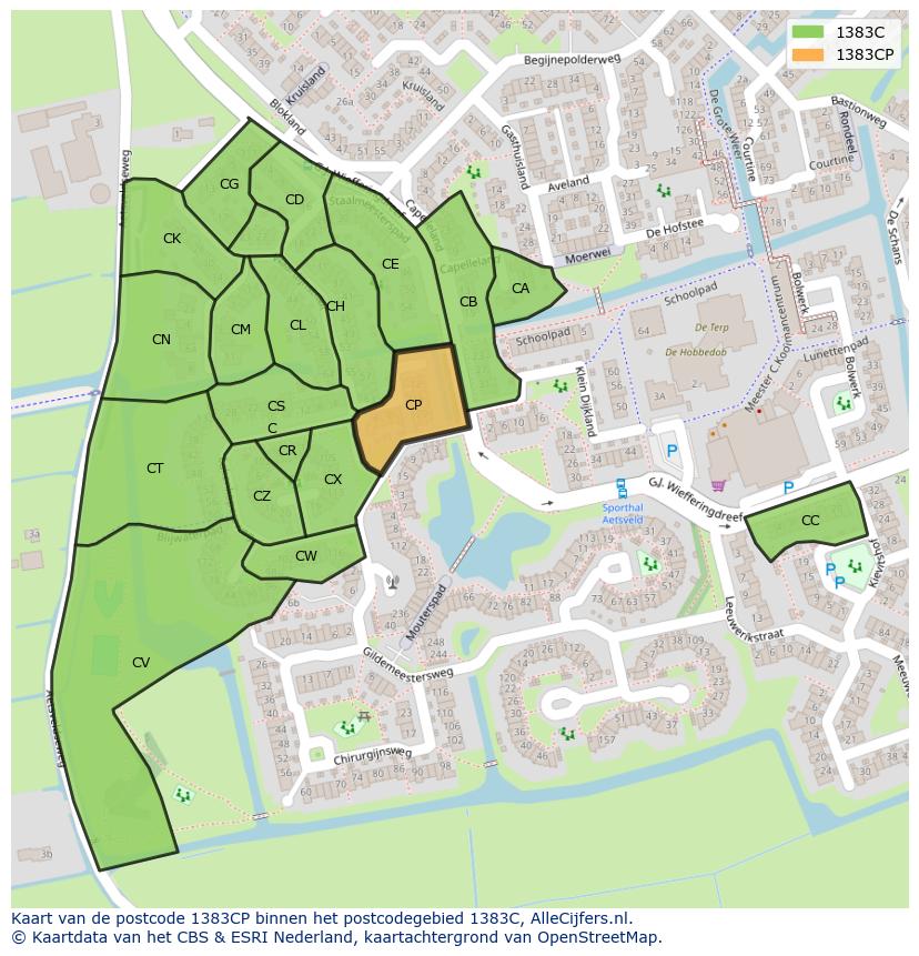 Afbeelding van het postcodegebied 1383 CP op de kaart.