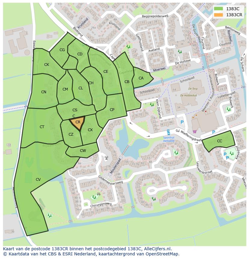 Afbeelding van het postcodegebied 1383 CR op de kaart.