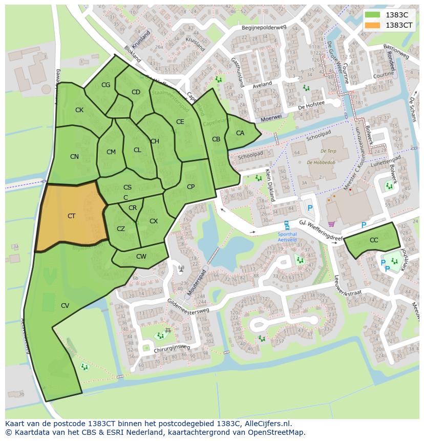 Afbeelding van het postcodegebied 1383 CT op de kaart.