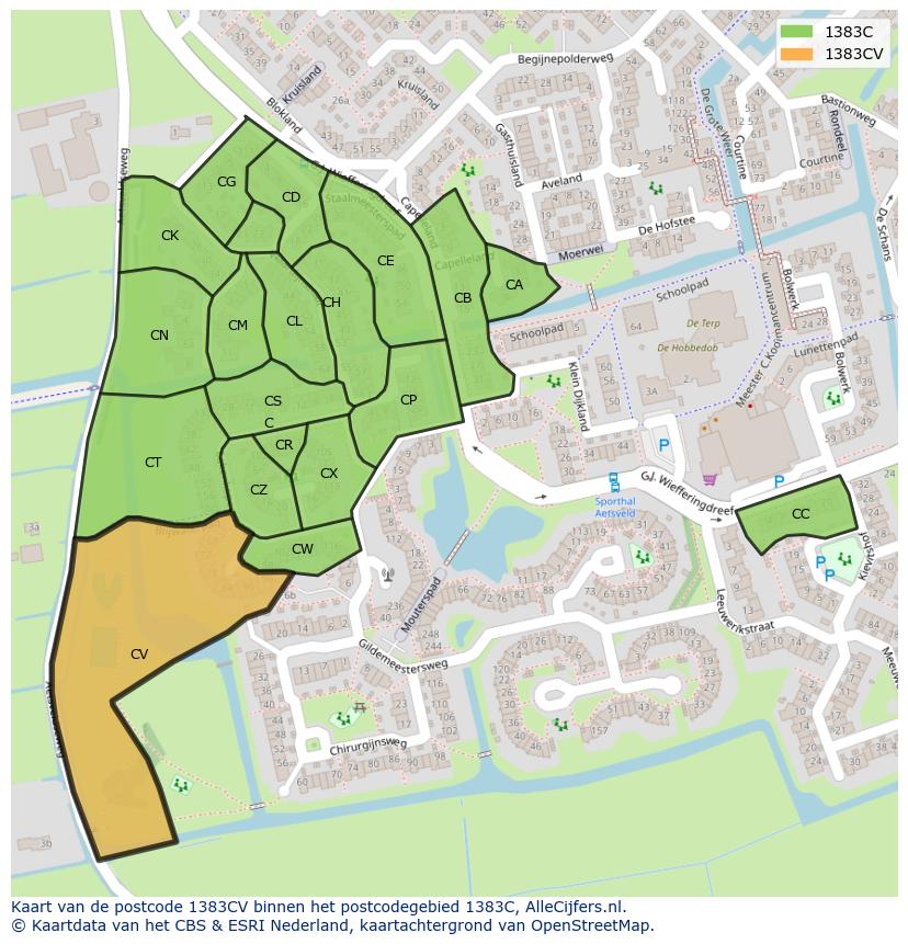 Afbeelding van het postcodegebied 1383 CV op de kaart.