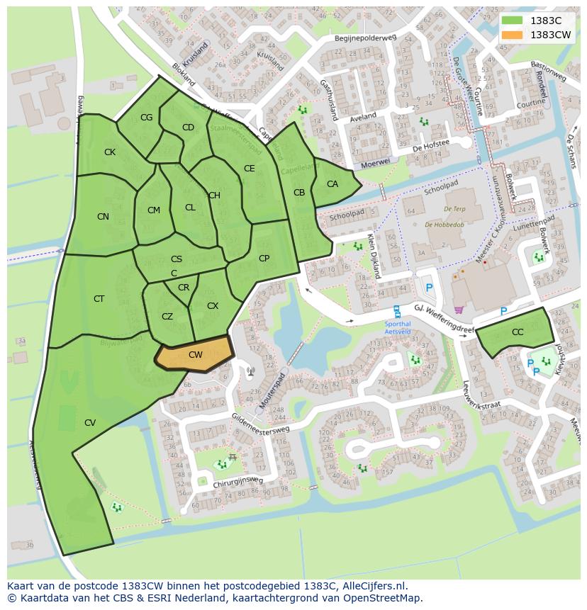 Afbeelding van het postcodegebied 1383 CW op de kaart.