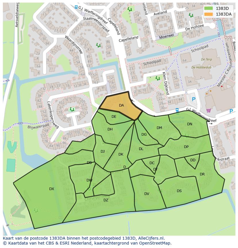Afbeelding van het postcodegebied 1383 DA op de kaart.