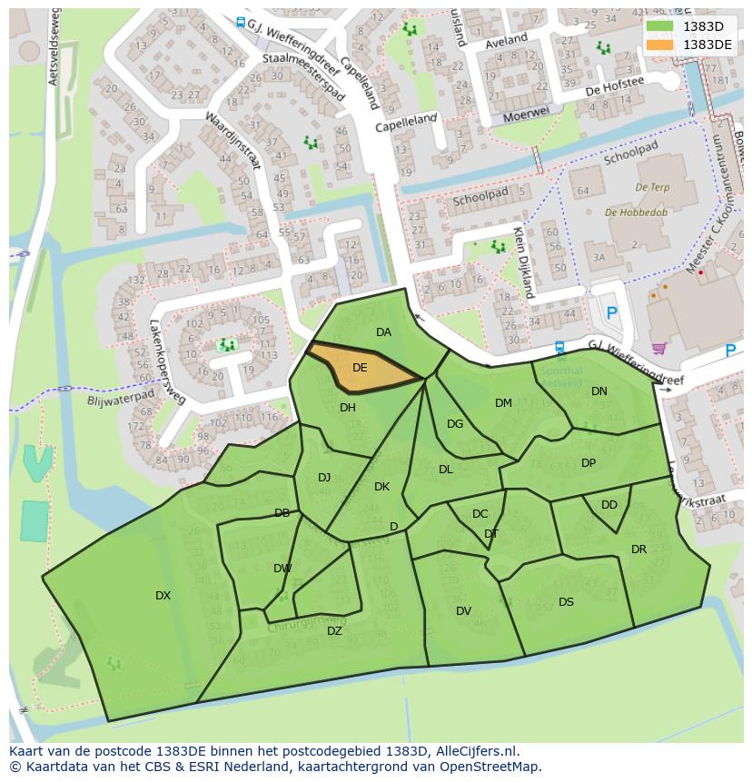 Afbeelding van het postcodegebied 1383 DE op de kaart.