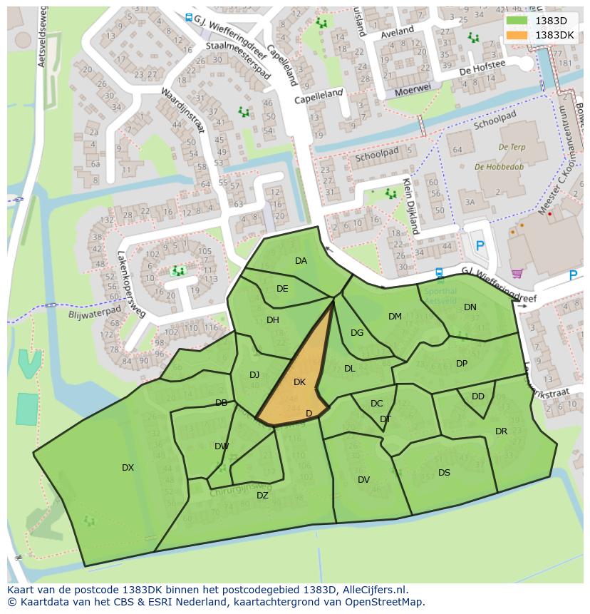Afbeelding van het postcodegebied 1383 DK op de kaart.