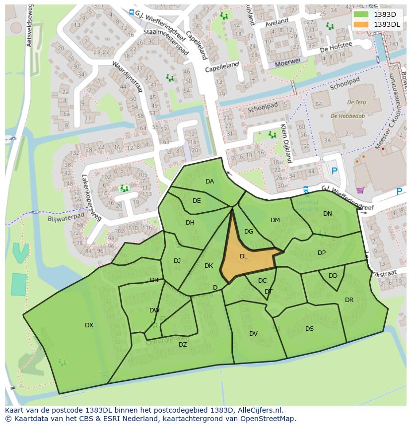 Afbeelding van het postcodegebied 1383 DL op de kaart.