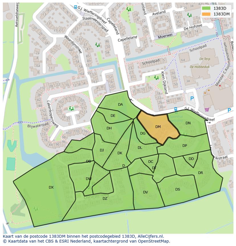 Afbeelding van het postcodegebied 1383 DM op de kaart.