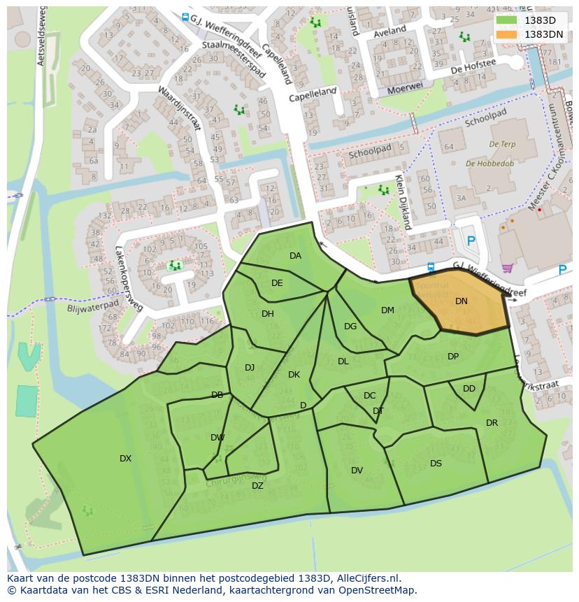 Afbeelding van het postcodegebied 1383 DN op de kaart.