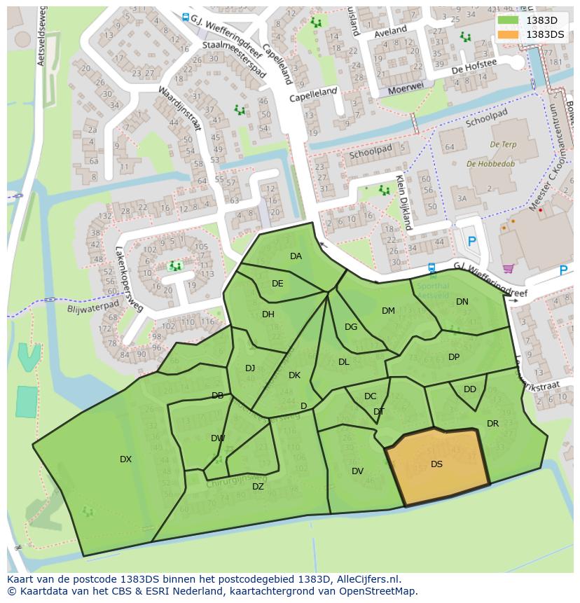 Afbeelding van het postcodegebied 1383 DS op de kaart.