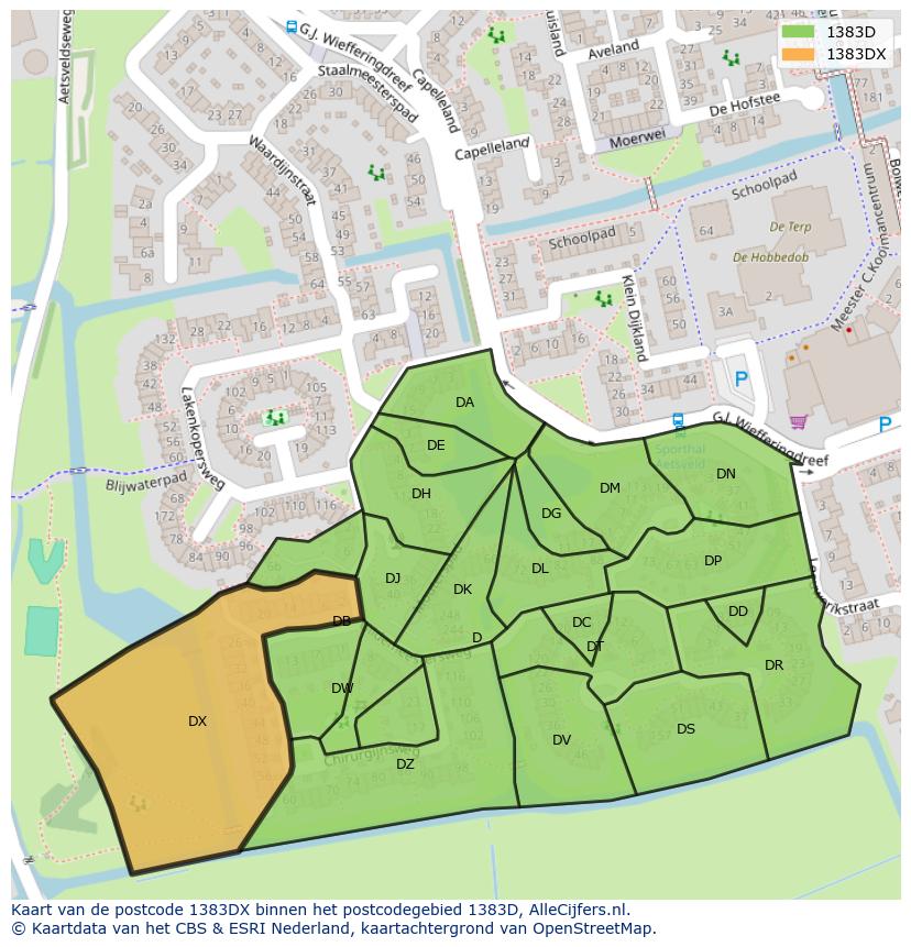 Afbeelding van het postcodegebied 1383 DX op de kaart.