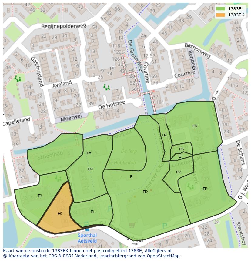 Afbeelding van het postcodegebied 1383 EK op de kaart.