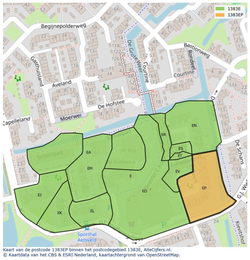 Afbeelding van het postcodegebied 1383 EP op de kaart.