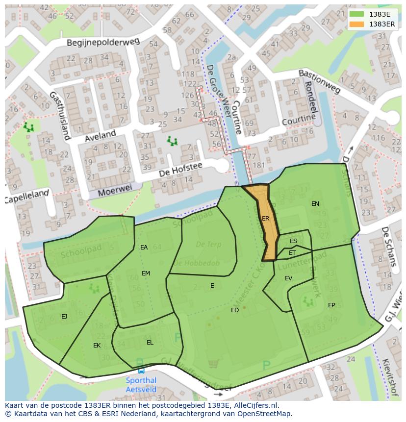 Afbeelding van het postcodegebied 1383 ER op de kaart.