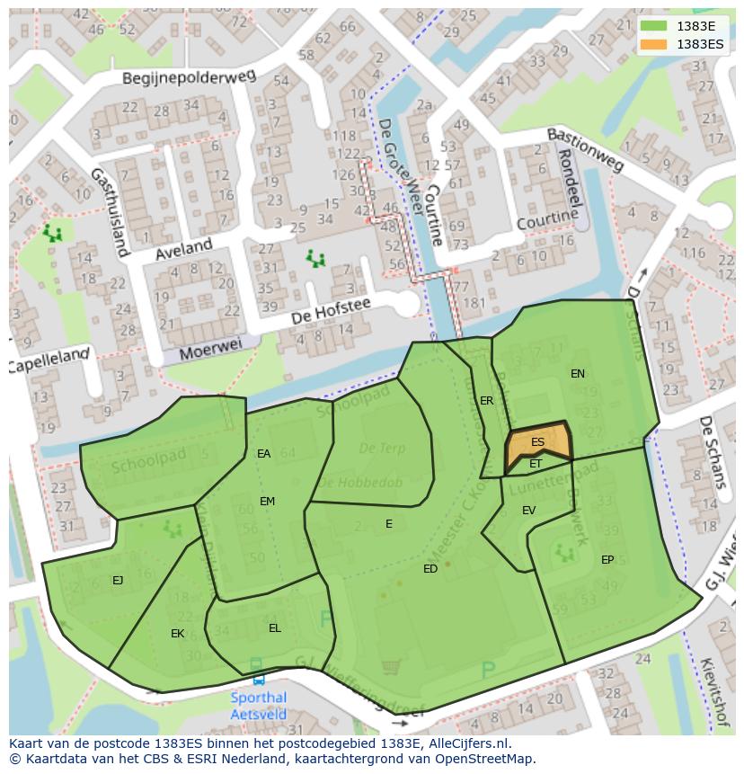 Afbeelding van het postcodegebied 1383 ES op de kaart.