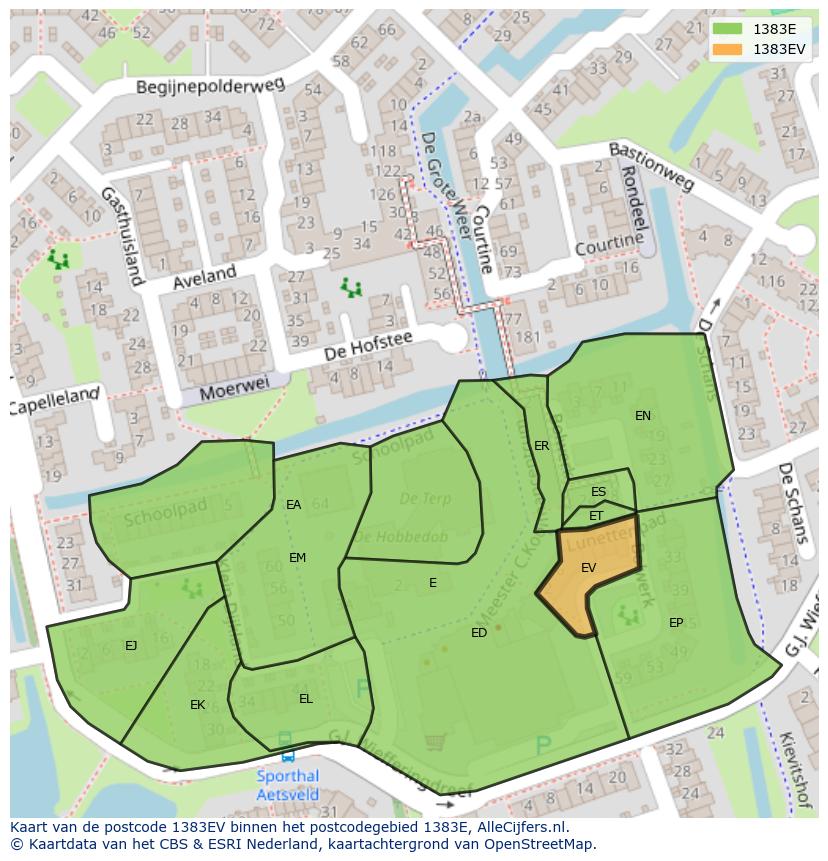 Afbeelding van het postcodegebied 1383 EV op de kaart.