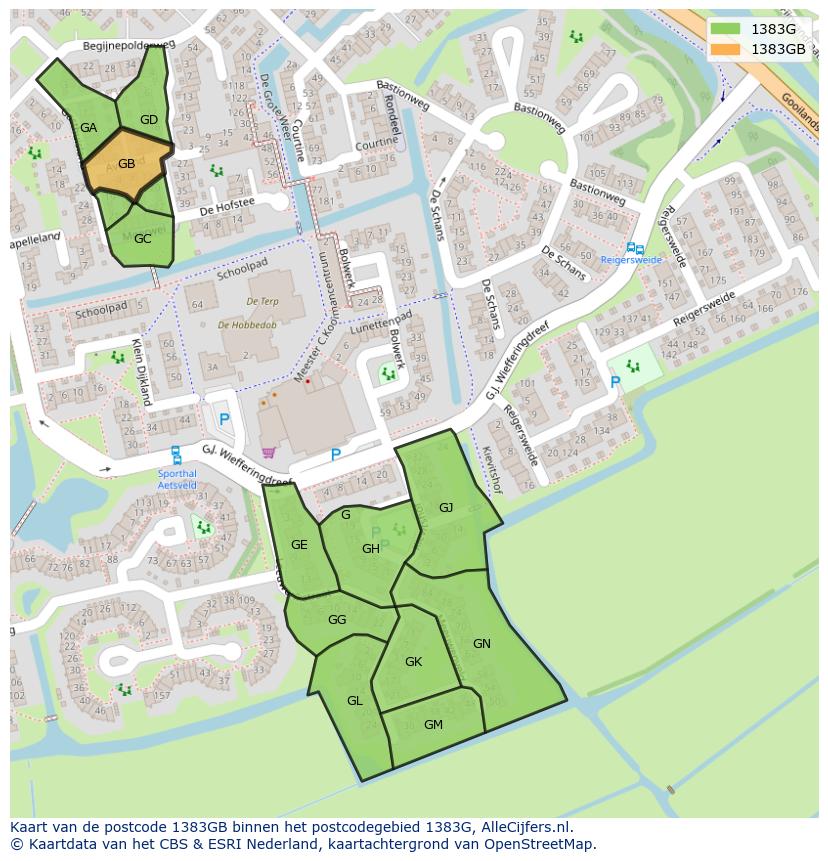 Afbeelding van het postcodegebied 1383 GB op de kaart.