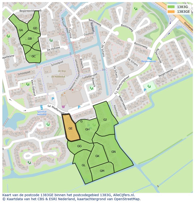 Afbeelding van het postcodegebied 1383 GE op de kaart.