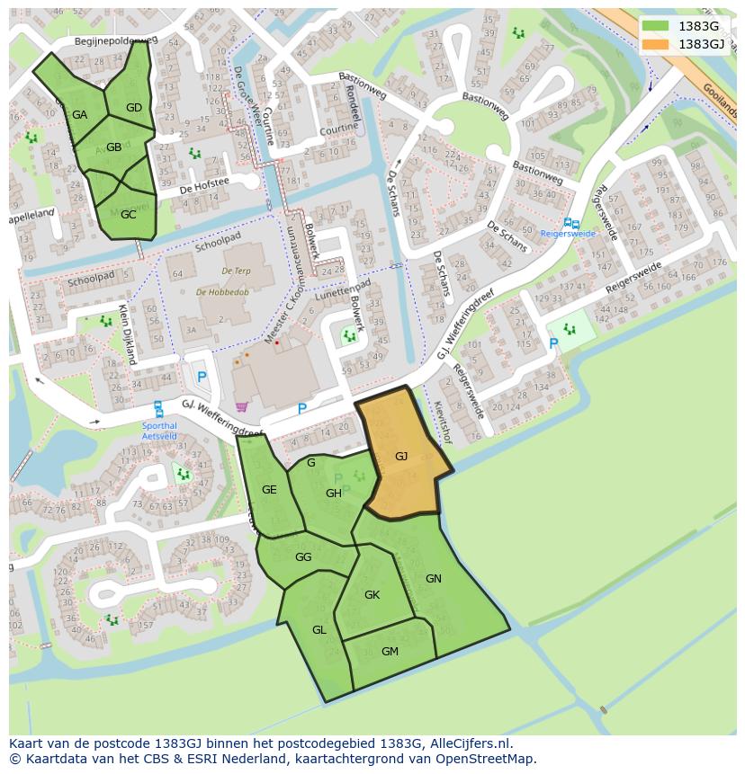 Afbeelding van het postcodegebied 1383 GJ op de kaart.