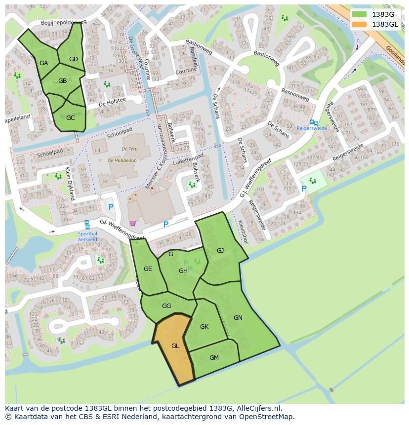 Afbeelding van het postcodegebied 1383 GL op de kaart.