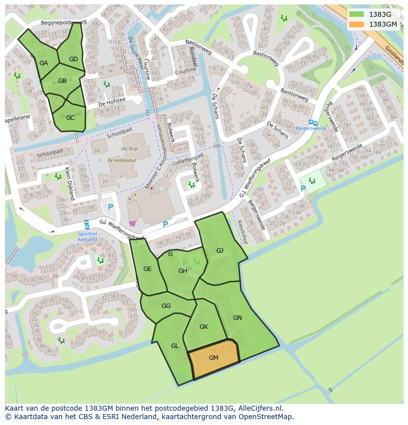 Afbeelding van het postcodegebied 1383 GM op de kaart.