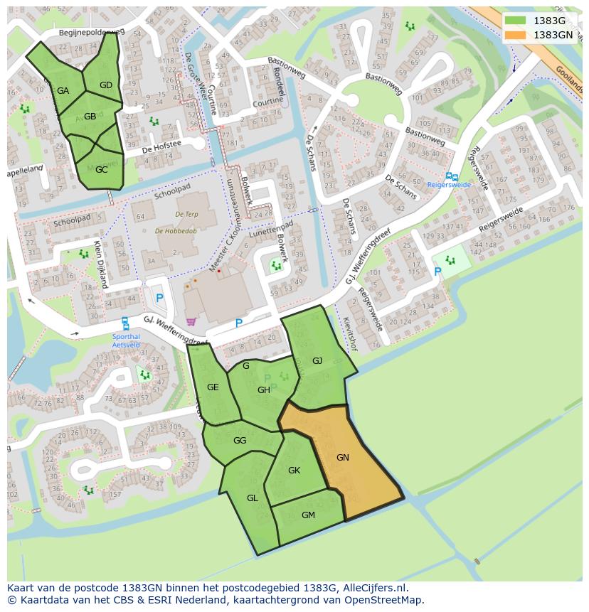 Afbeelding van het postcodegebied 1383 GN op de kaart.