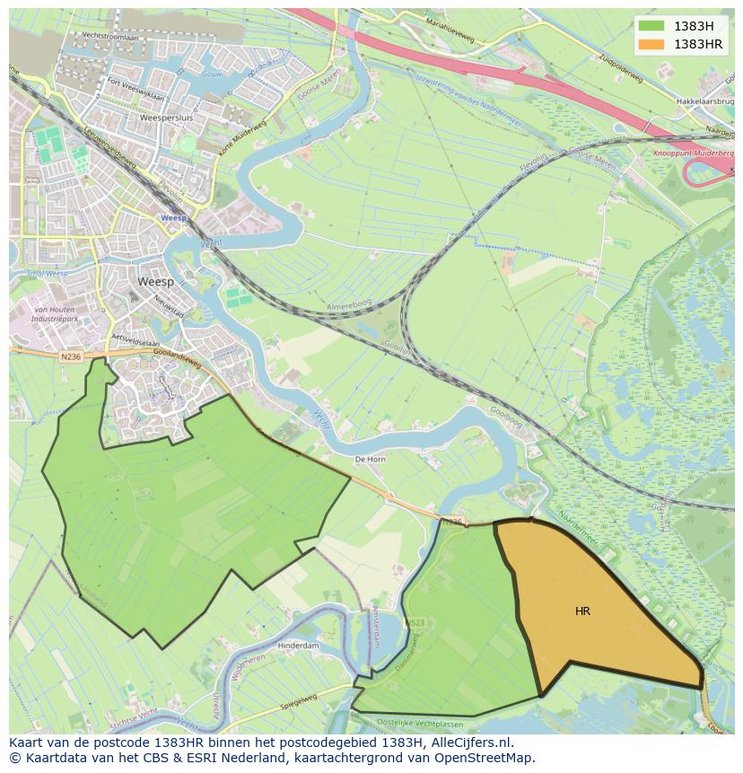 Afbeelding van het postcodegebied 1383 HR op de kaart.