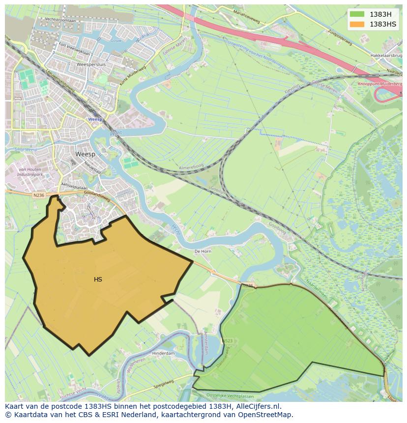 Afbeelding van het postcodegebied 1383 HS op de kaart.