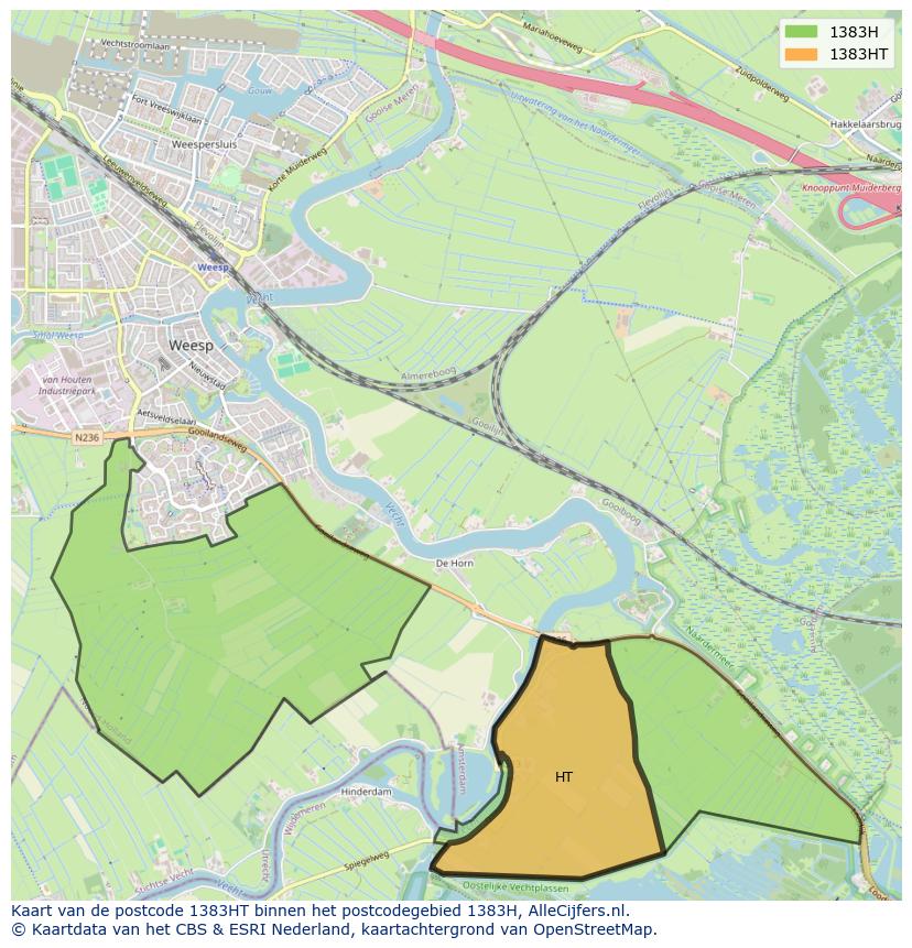 Afbeelding van het postcodegebied 1383 HT op de kaart.