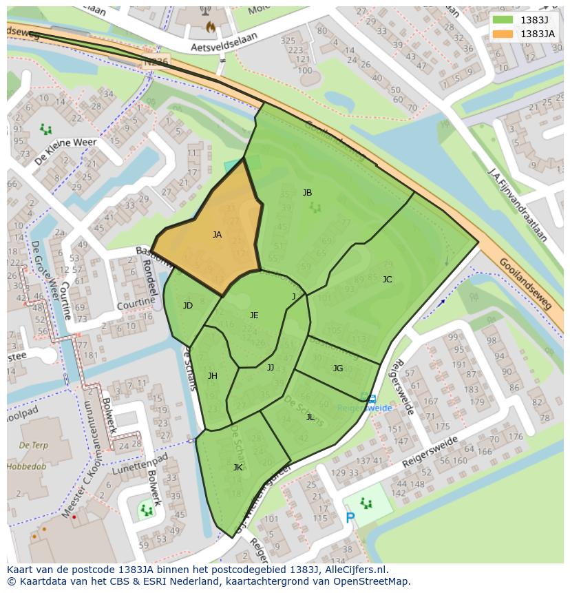Afbeelding van het postcodegebied 1383 JA op de kaart.