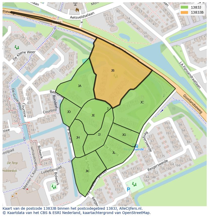 Afbeelding van het postcodegebied 1383 JB op de kaart.