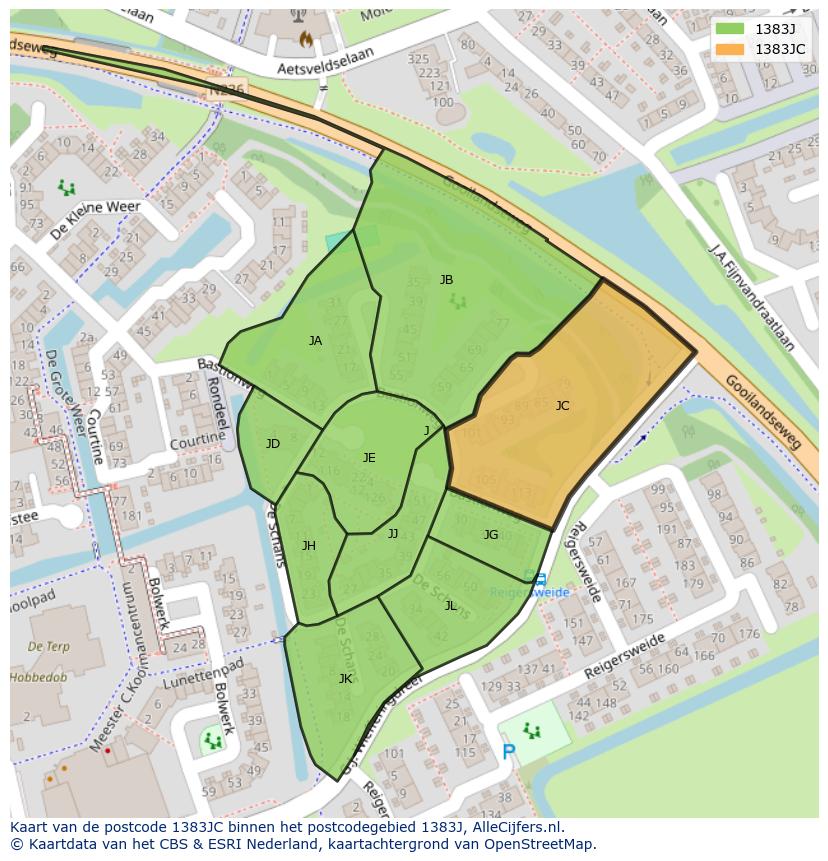 Afbeelding van het postcodegebied 1383 JC op de kaart.