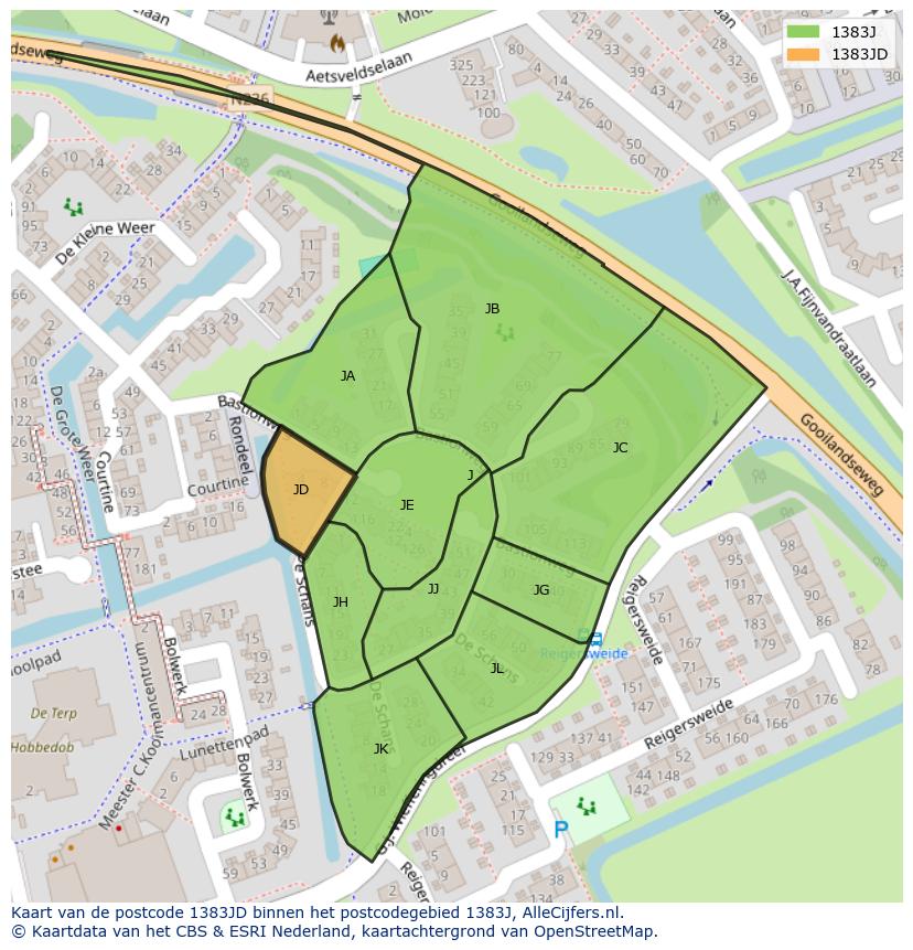 Afbeelding van het postcodegebied 1383 JD op de kaart.