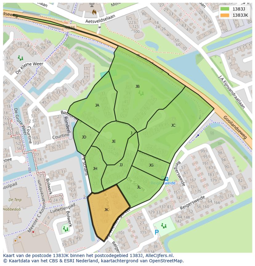 Afbeelding van het postcodegebied 1383 JK op de kaart.