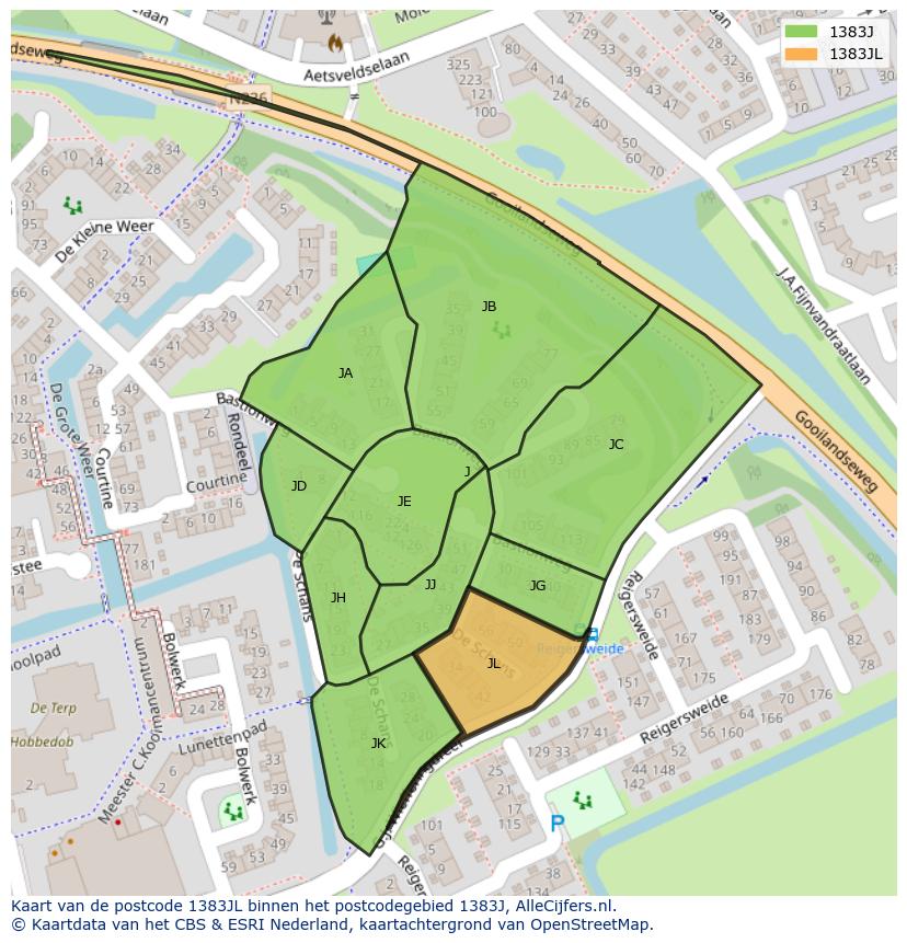 Afbeelding van het postcodegebied 1383 JL op de kaart.