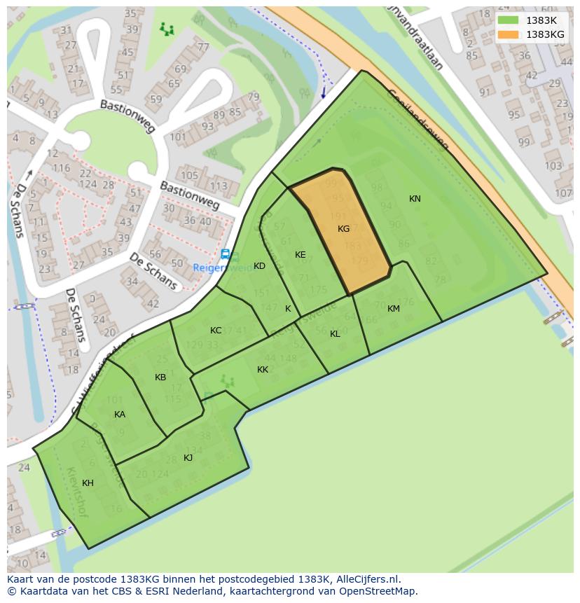 Afbeelding van het postcodegebied 1383 KG op de kaart.