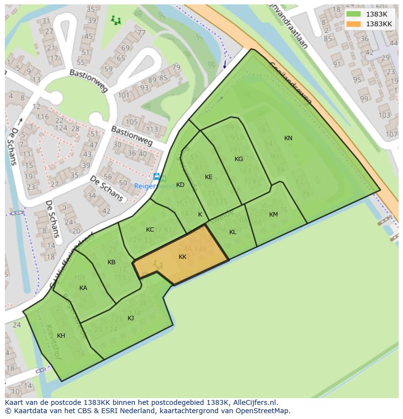 Afbeelding van het postcodegebied 1383 KK op de kaart.