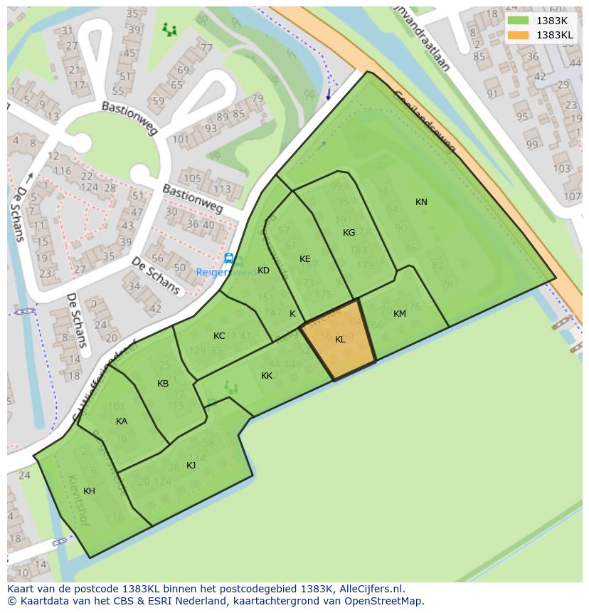 Afbeelding van het postcodegebied 1383 KL op de kaart.