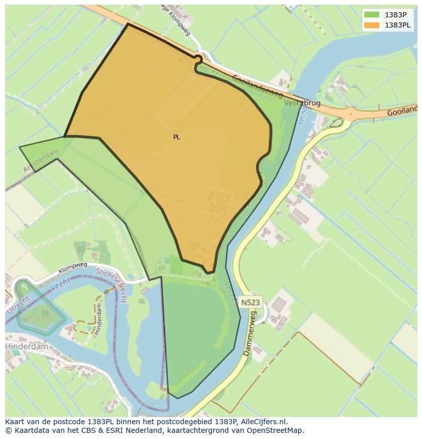 Afbeelding van het postcodegebied 1383 PL op de kaart.