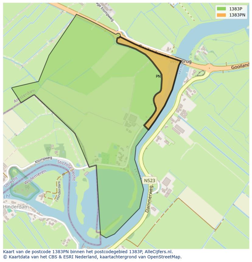 Afbeelding van het postcodegebied 1383 PN op de kaart.