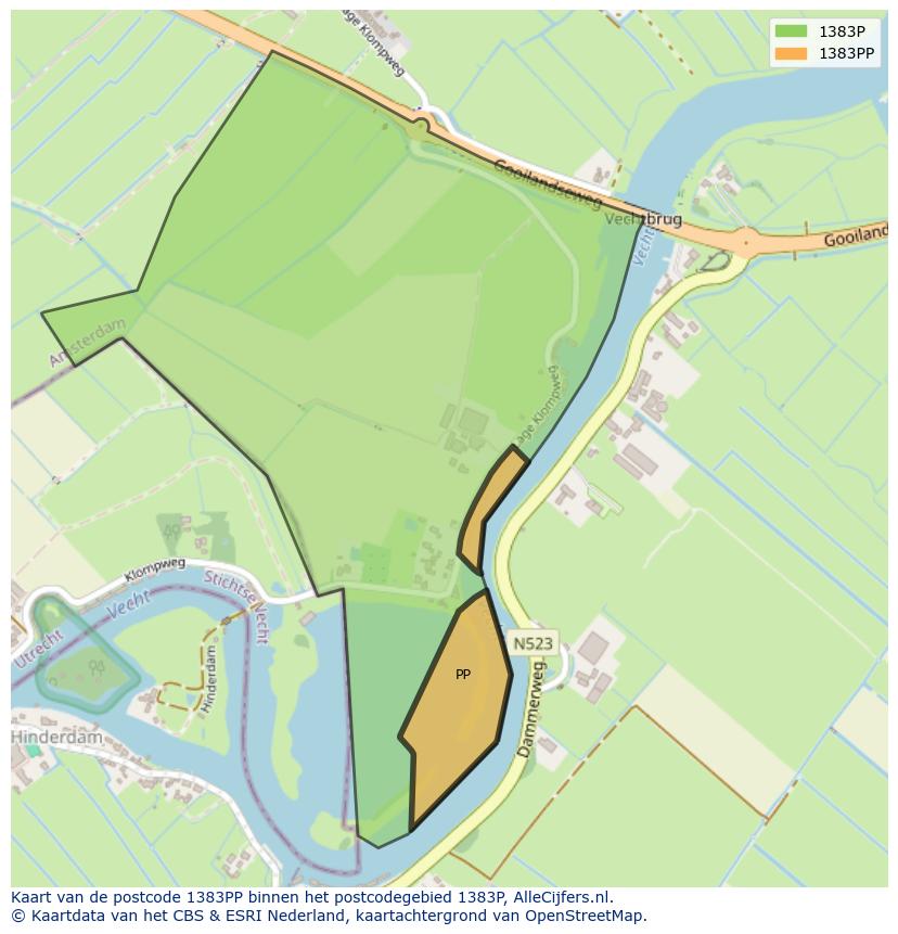 Afbeelding van het postcodegebied 1383 PP op de kaart.