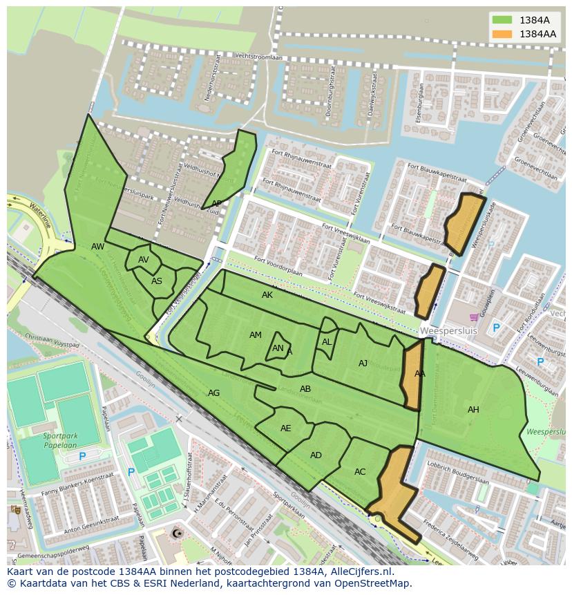 Afbeelding van het postcodegebied 1384 AA op de kaart.