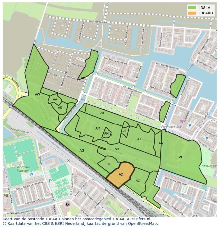 Afbeelding van het postcodegebied 1384 AD op de kaart.