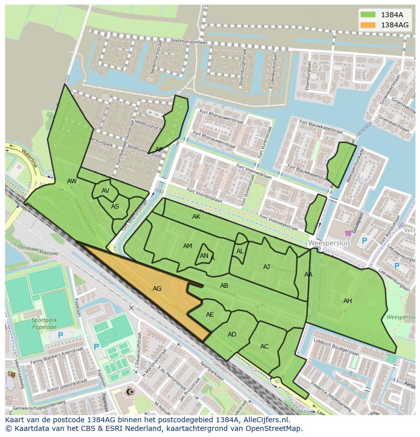 Afbeelding van het postcodegebied 1384 AG op de kaart.