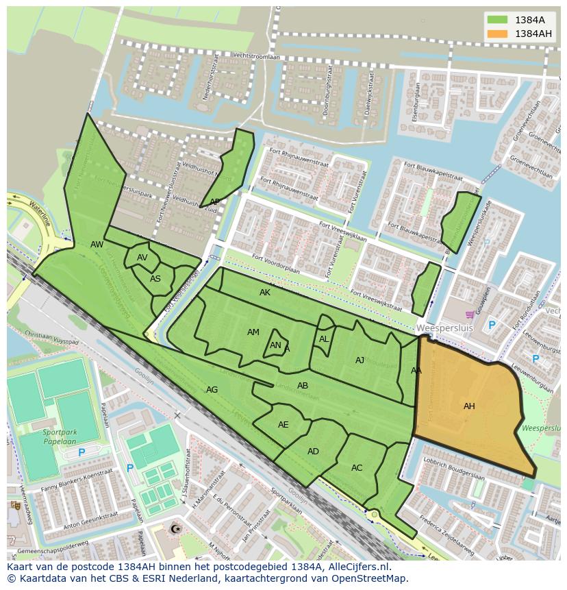 Afbeelding van het postcodegebied 1384 AH op de kaart.