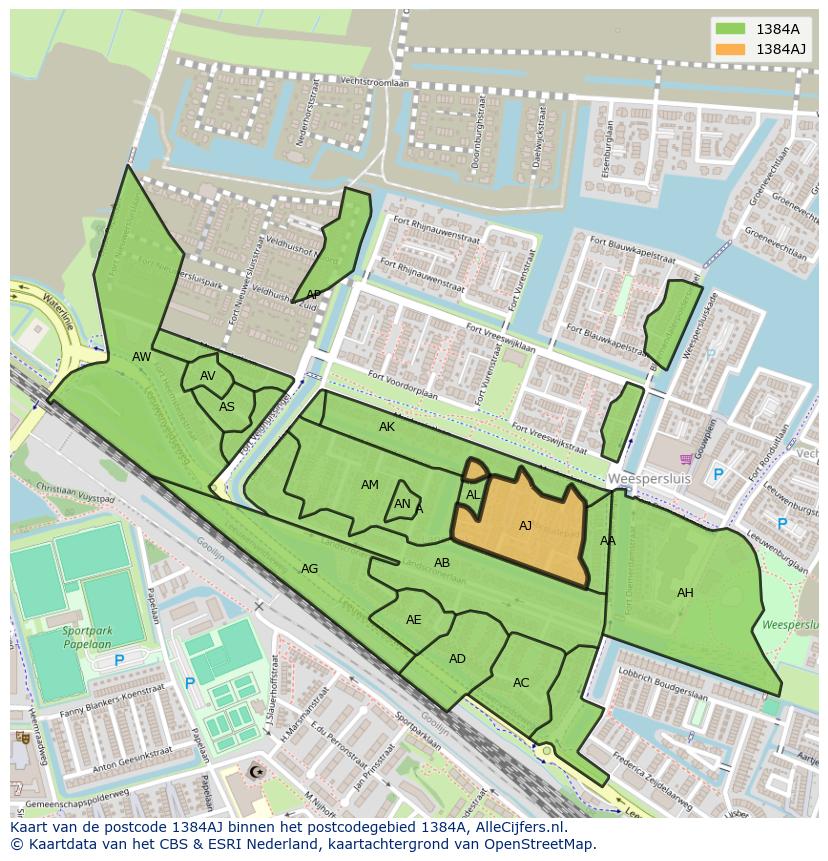 Afbeelding van het postcodegebied 1384 AJ op de kaart.