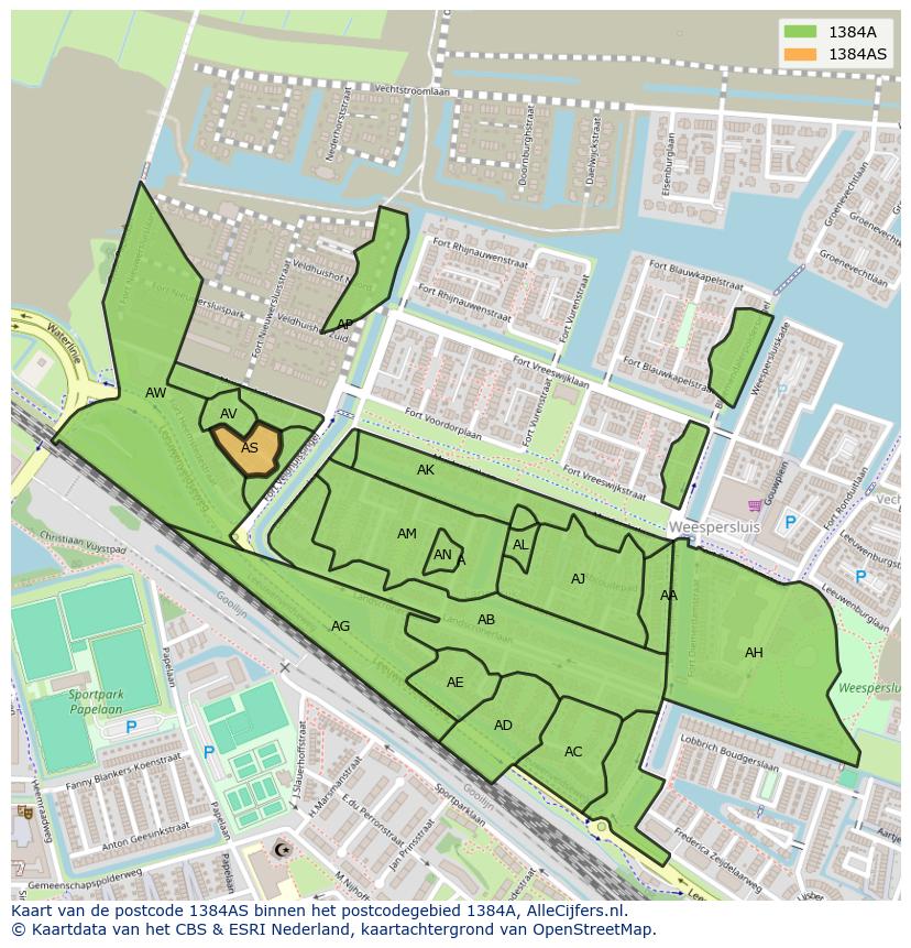 Afbeelding van het postcodegebied 1384 AS op de kaart.