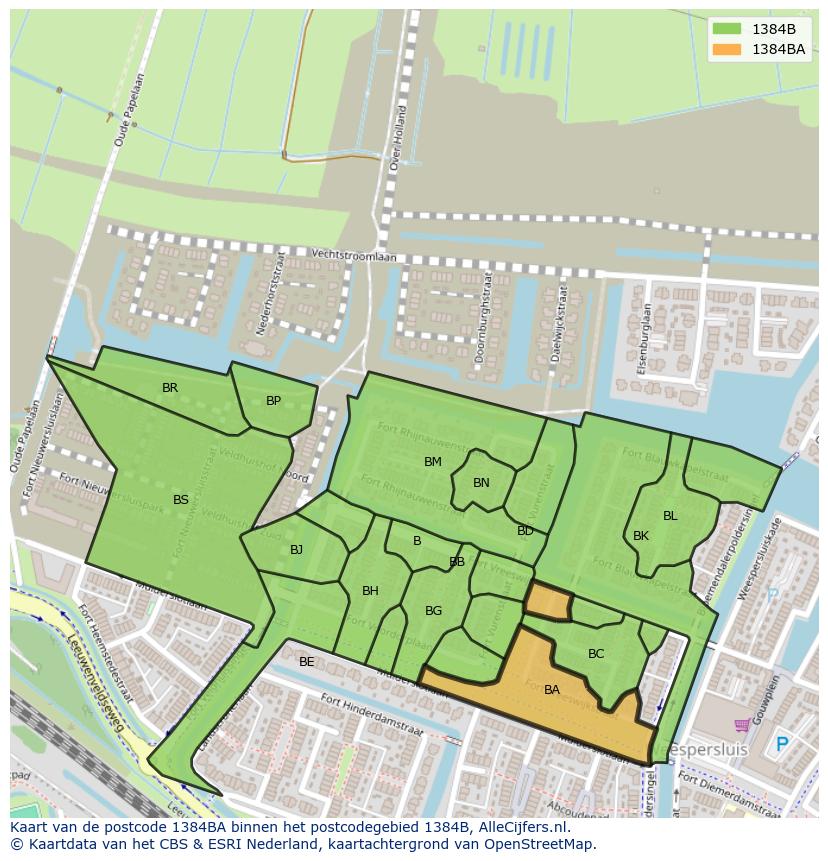 Afbeelding van het postcodegebied 1384 BA op de kaart.